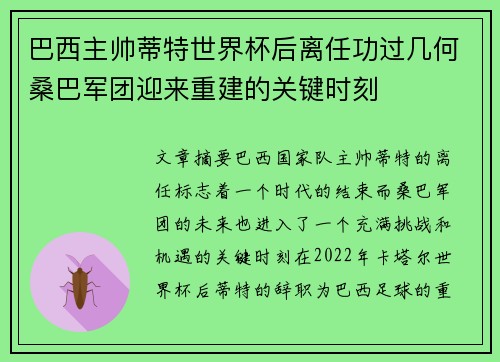巴西主帅蒂特世界杯后离任功过几何桑巴军团迎来重建的关键时刻