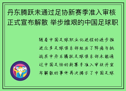 丹东腾跃未通过足协新赛季准入审核正式宣布解散 举步维艰的中国足球职业化困境再现 丹东腾跃未通过足协新赛季准入审核正式宣布解散 举步维艰的中国足球职业化困境再现